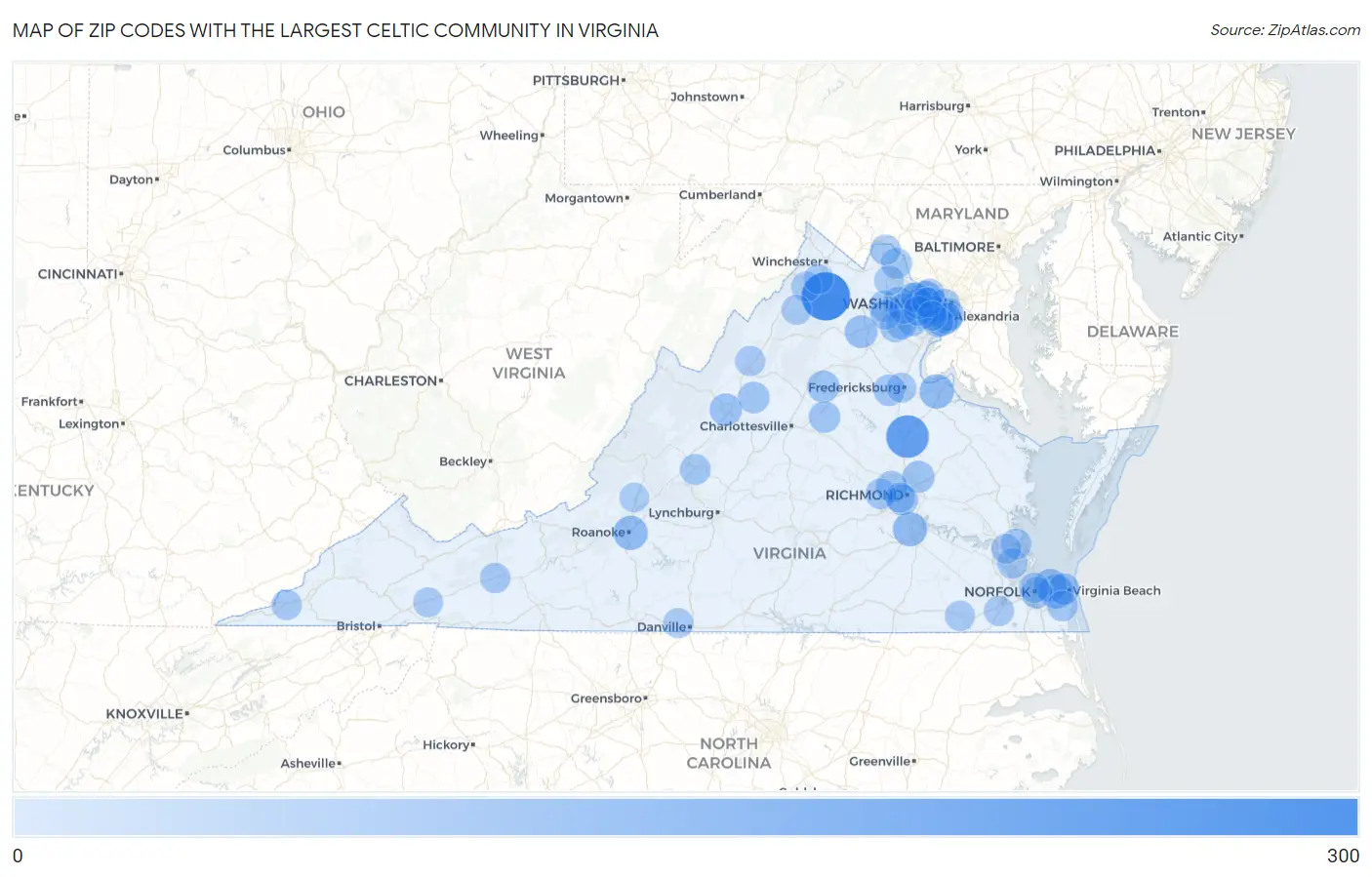Zip Codes with the Largest Celtic Community in Virginia Map