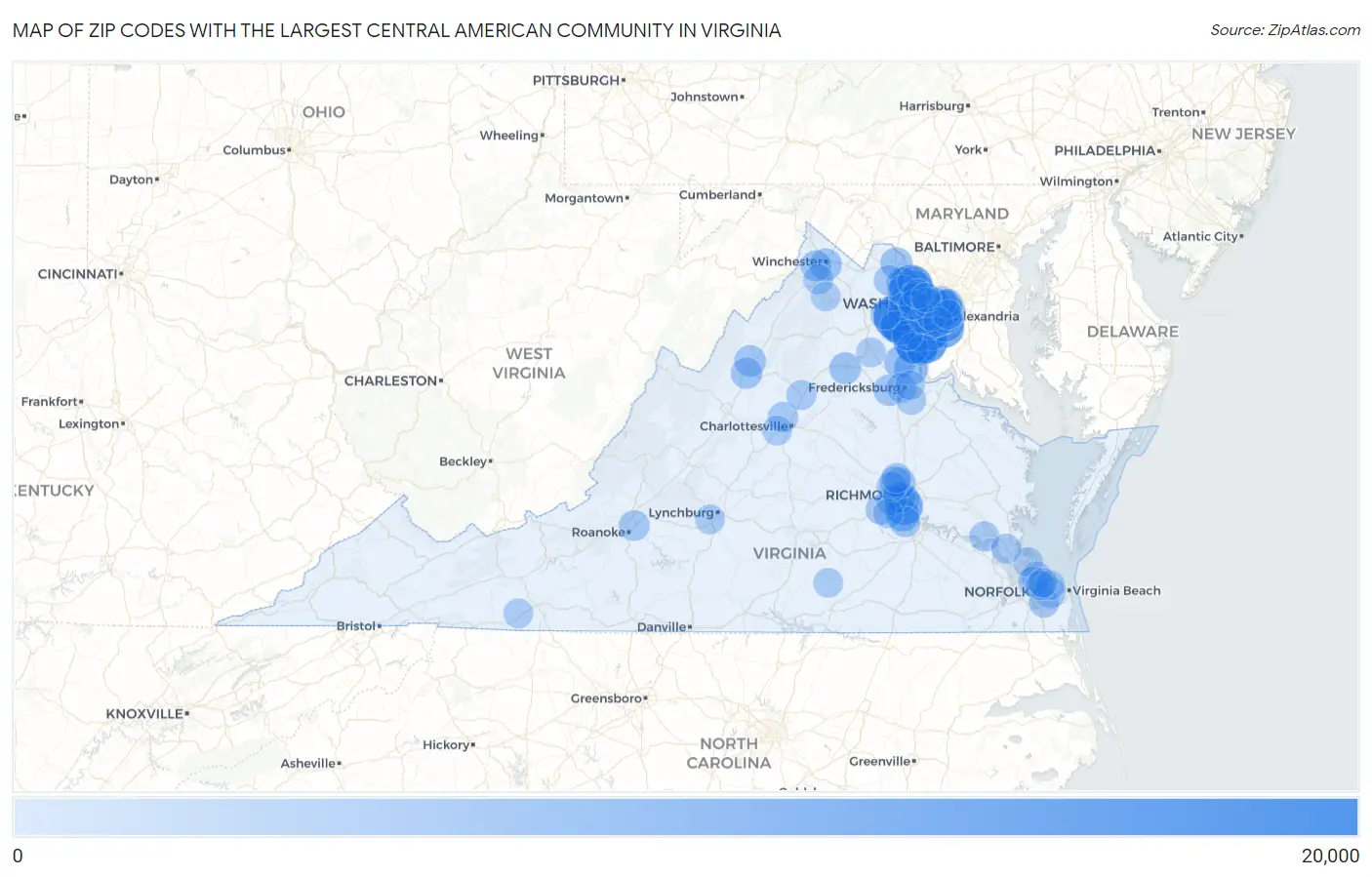 Zip Codes with the Largest Central American Community in Virginia Map