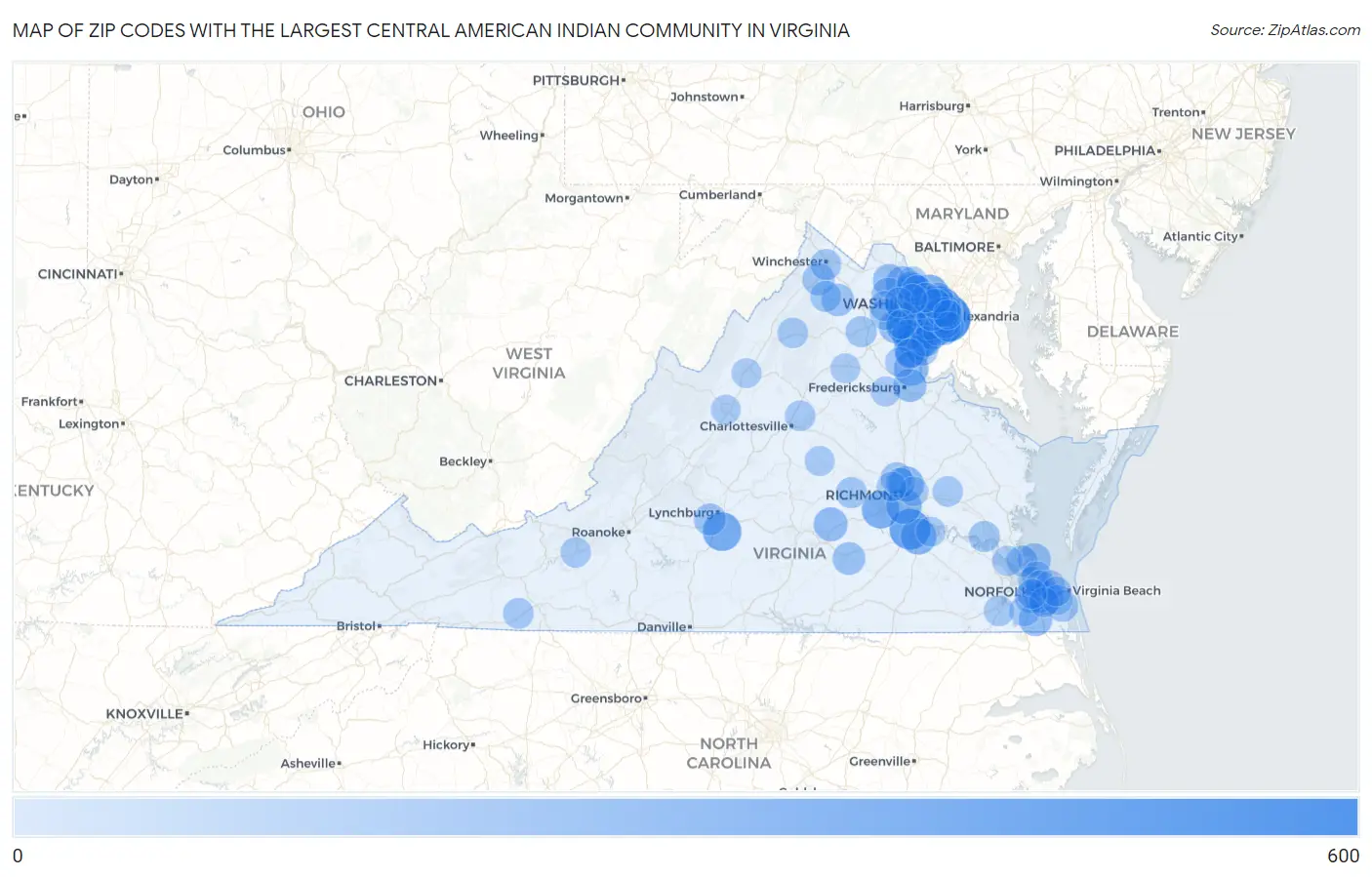 Zip Codes with the Largest Central American Indian Community in Virginia Map