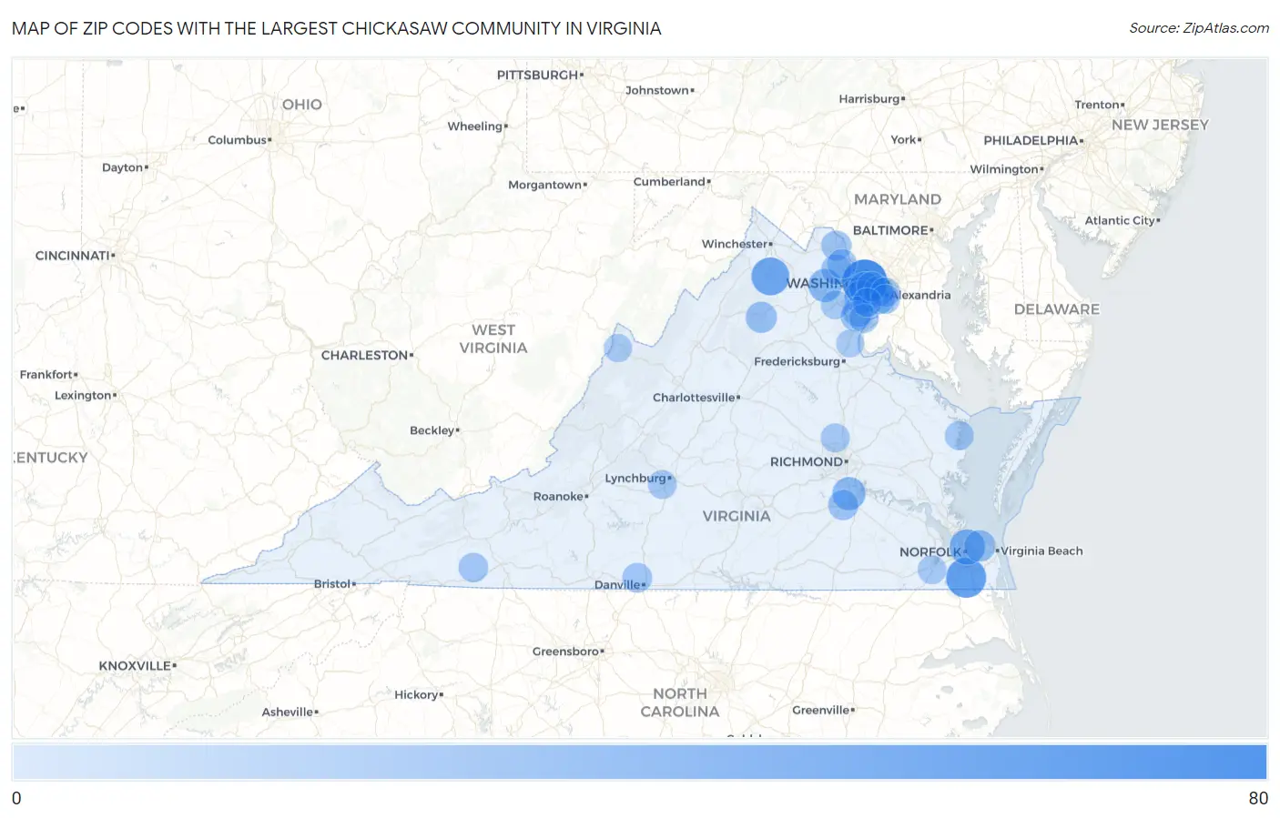 Zip Codes with the Largest Chickasaw Community in Virginia Map