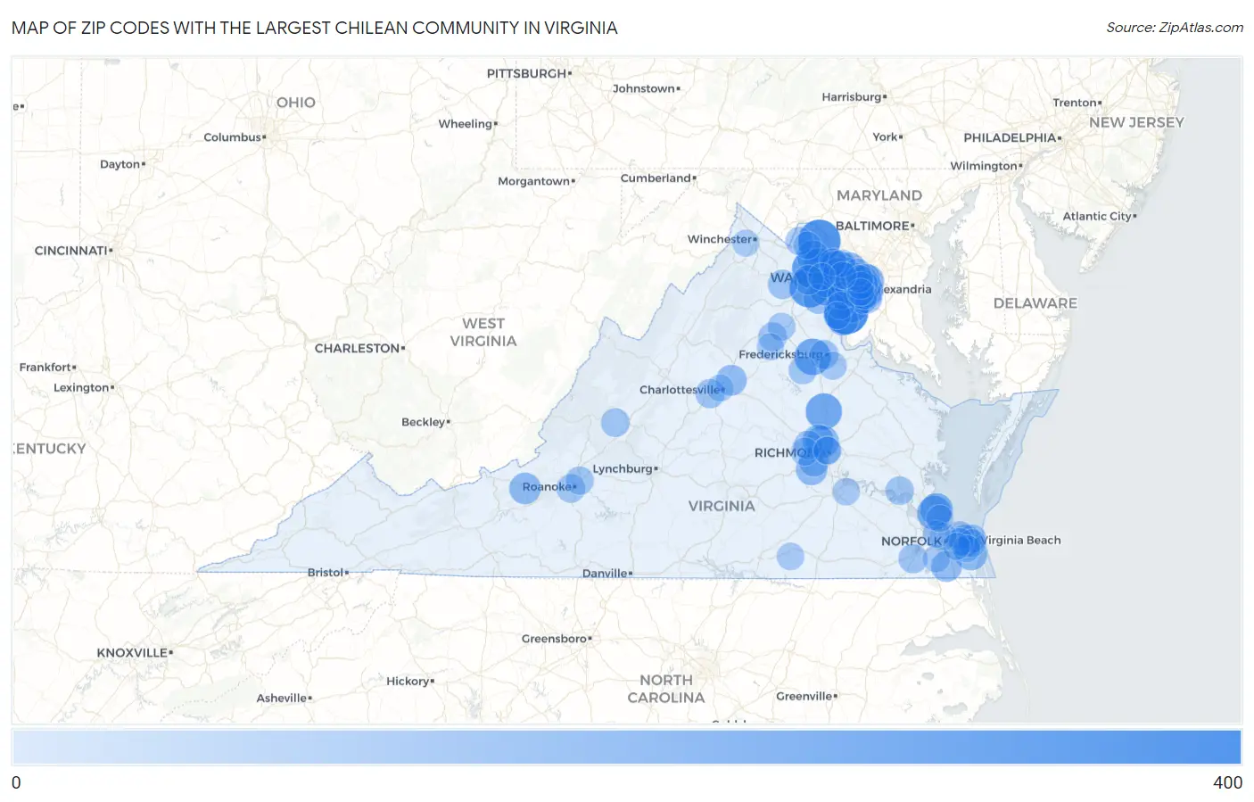 Zip Codes with the Largest Chilean Community in Virginia Map