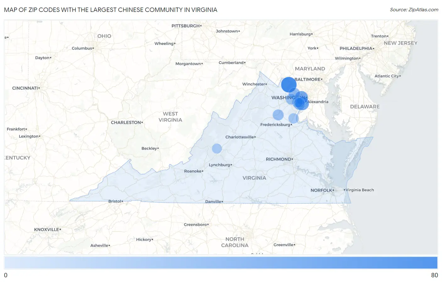 Zip Codes with the Largest Chinese Community in Virginia Map