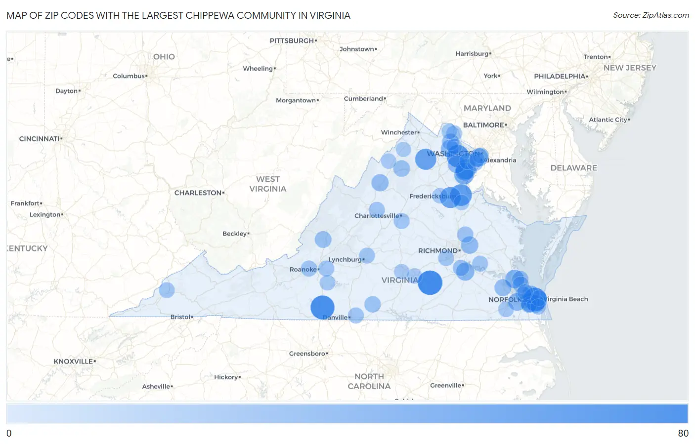 Zip Codes with the Largest Chippewa Community in Virginia Map