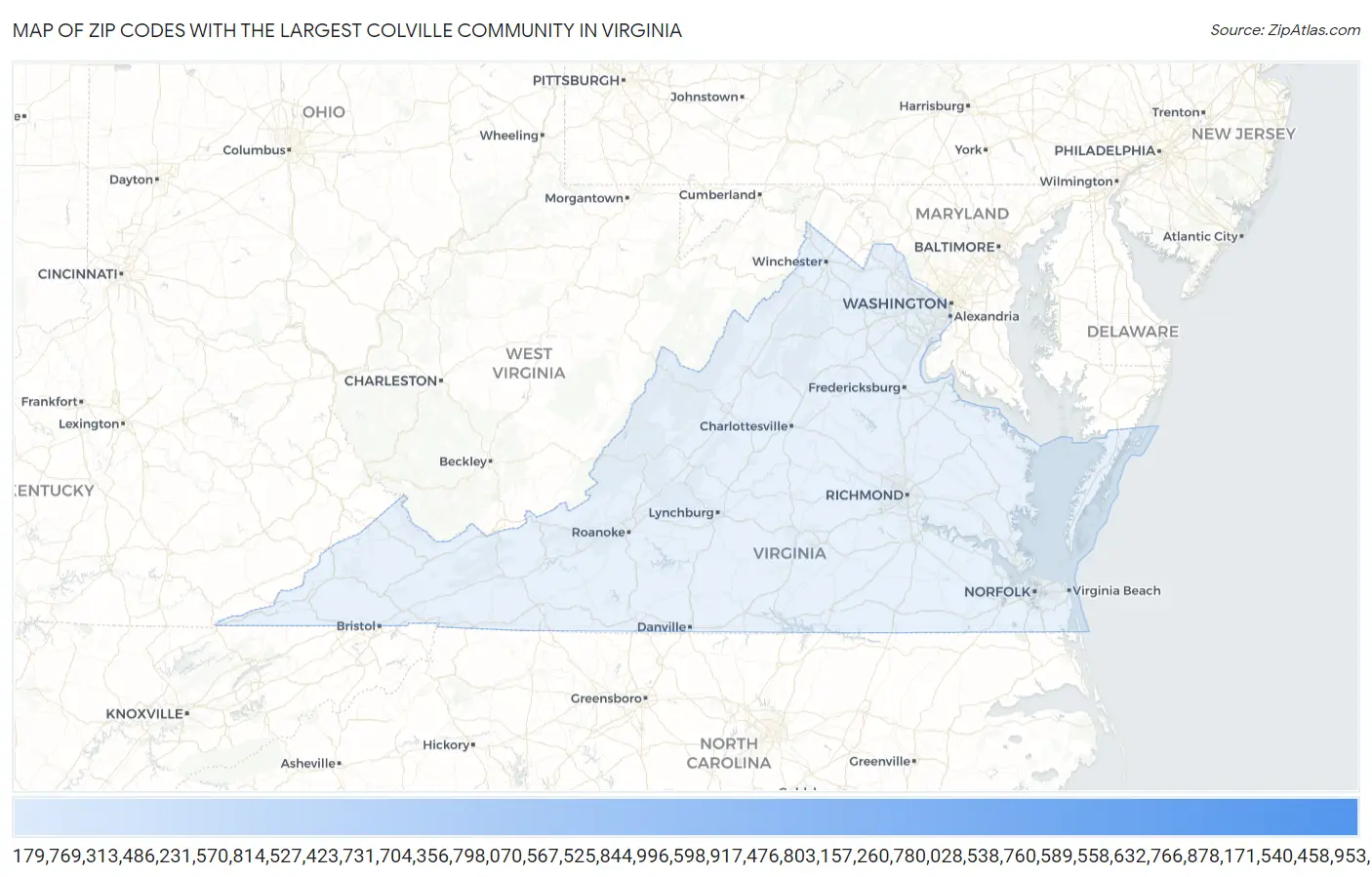 Zip Codes with the Largest Colville Community in Virginia Map