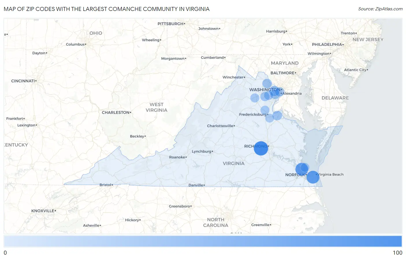 Zip Codes with the Largest Comanche Community in Virginia Map