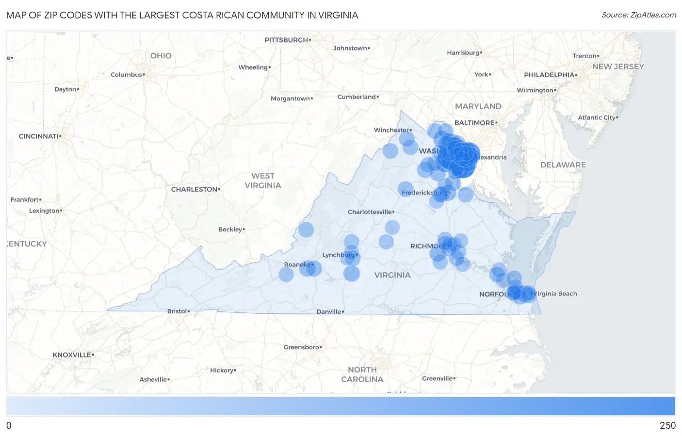 Zip Codes with the Largest Costa Rican Community in Virginia Map