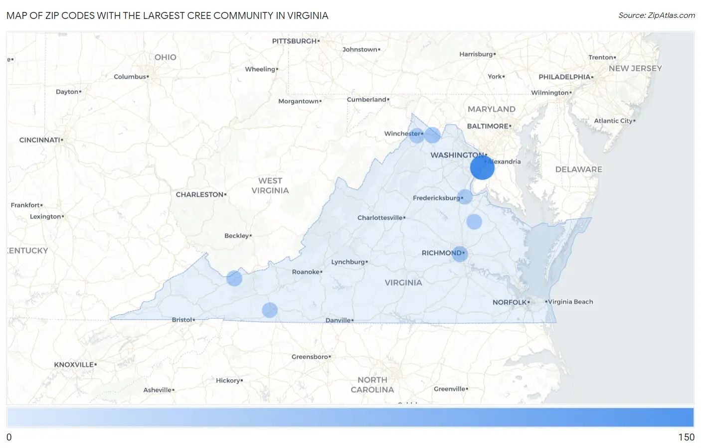 Zip Codes with the Largest Cree Community in Virginia Map