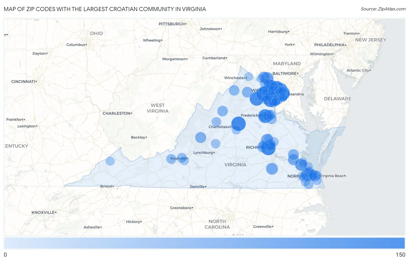 Zip Codes with the Largest Croatian Community in Virginia Map