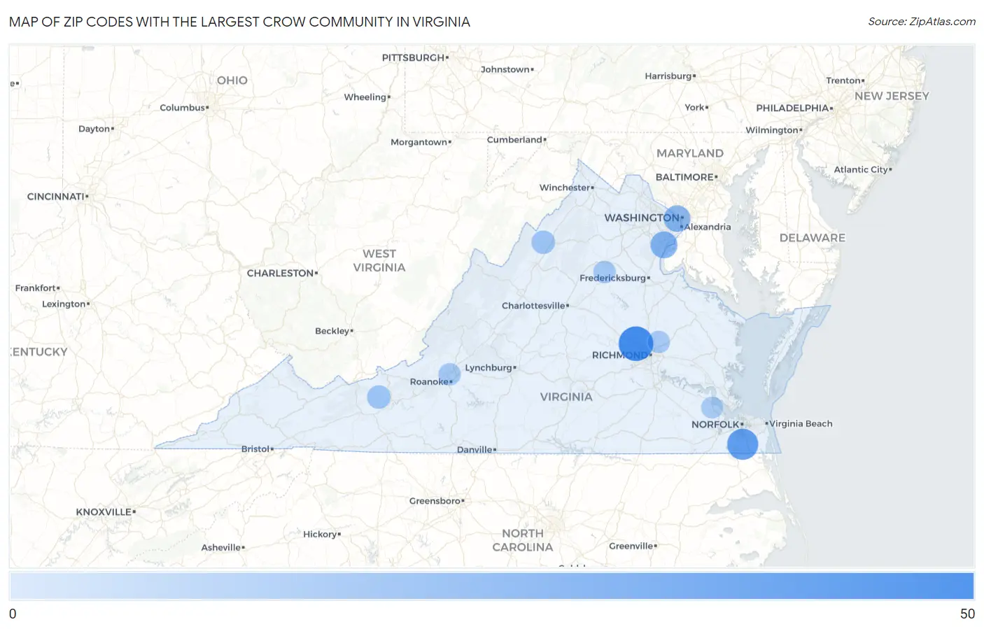 Zip Codes with the Largest Crow Community in Virginia Map