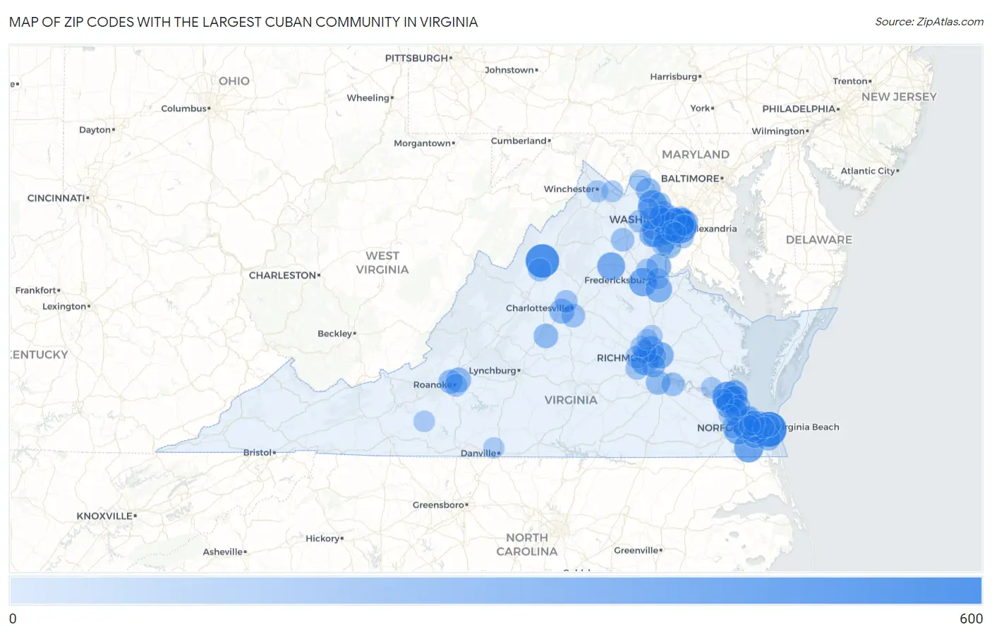 Zip Codes with the Largest Cuban Community in Virginia Map