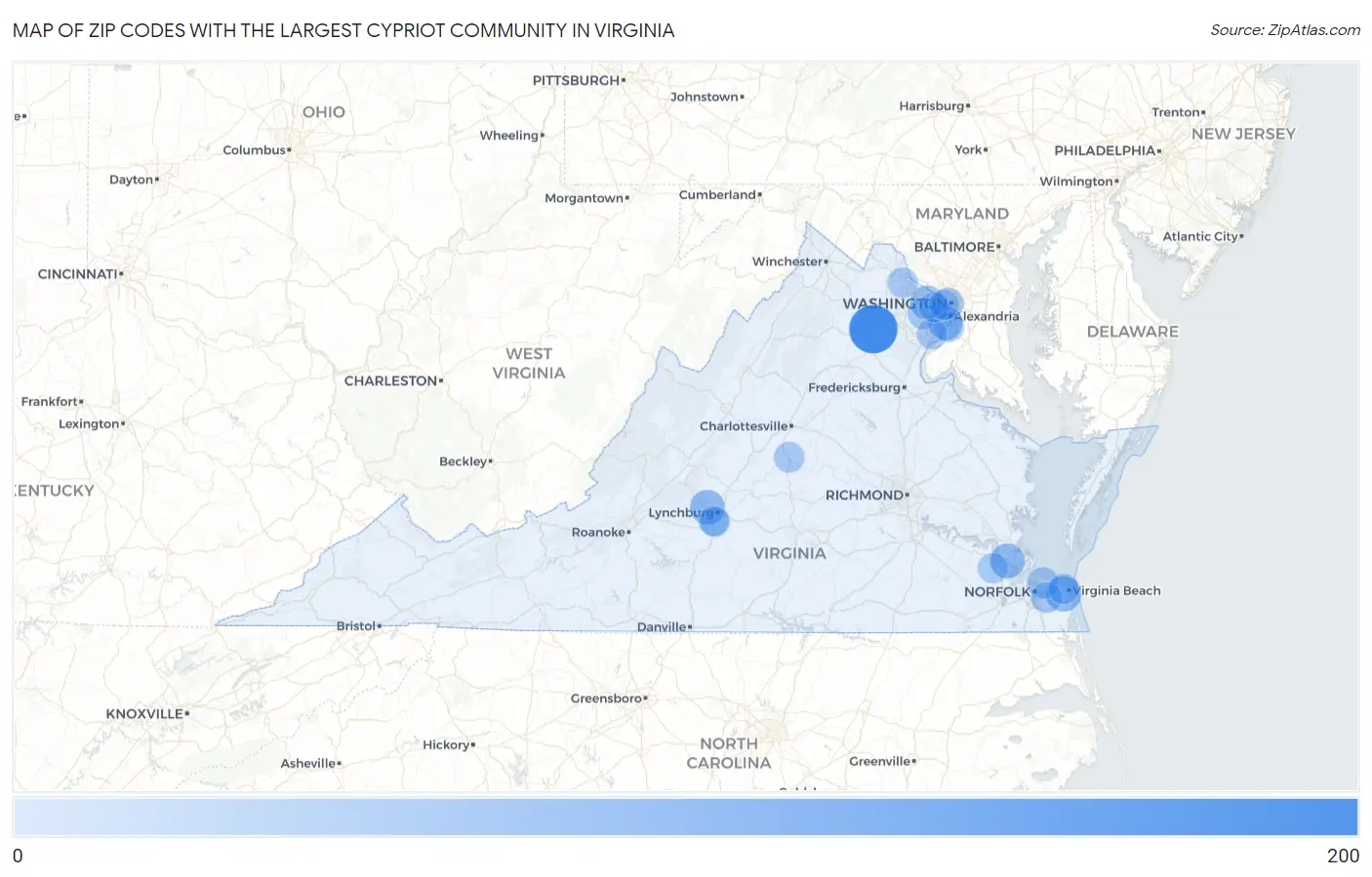 Zip Codes with the Largest Cypriot Community in Virginia Map