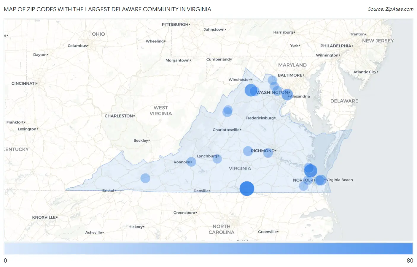 Zip Codes with the Largest Delaware Community in Virginia Map