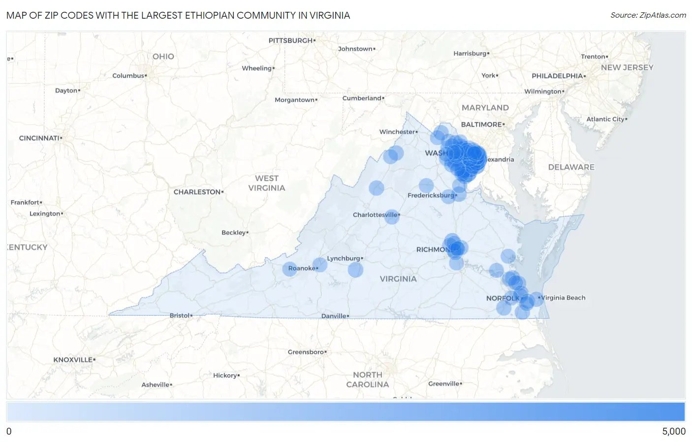 Zip Codes with the Largest Ethiopian Community in Virginia Map