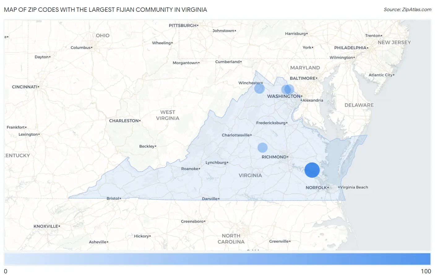 Zip Codes with the Largest Fijian Community in Virginia Map