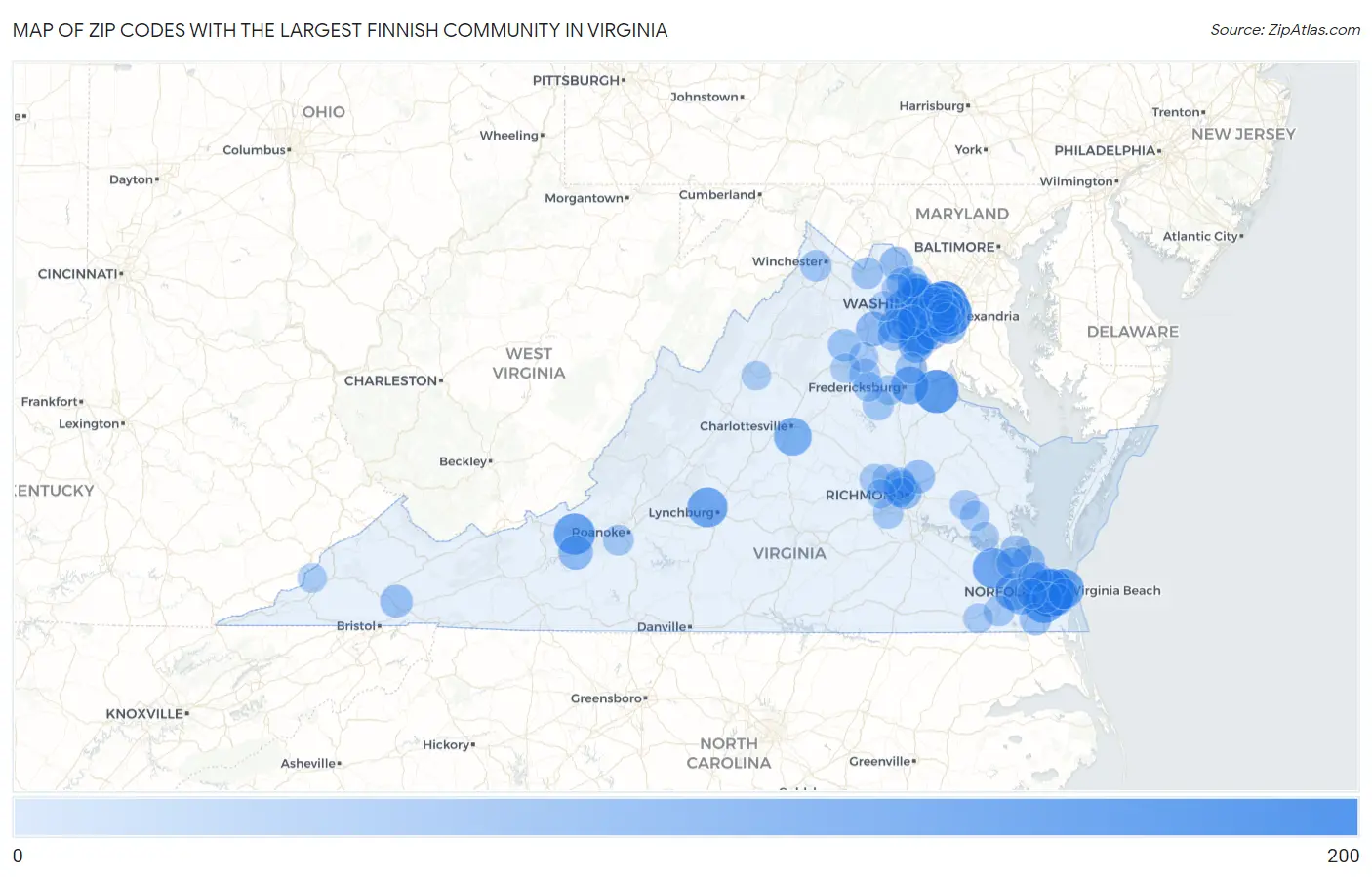 Zip Codes with the Largest Finnish Community in Virginia Map