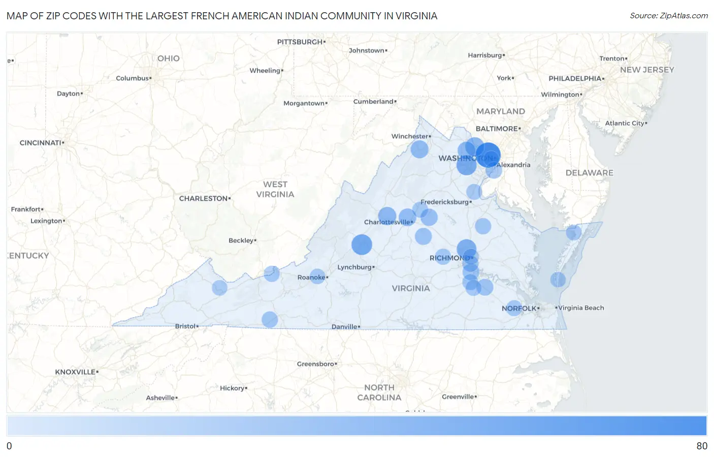 Zip Codes with the Largest French American Indian Community in Virginia Map
