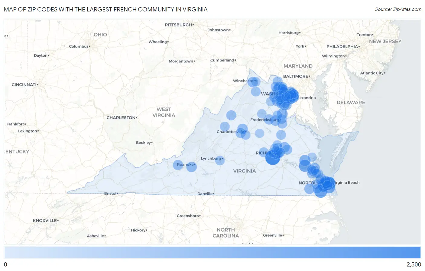 Zip Codes with the Largest French Community in Virginia Map