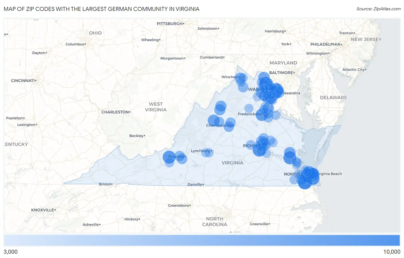 Zip Codes with the Largest German Community in Virginia Map