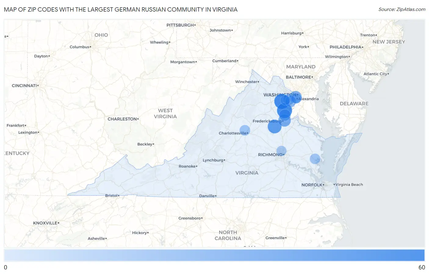 Zip Codes with the Largest German Russian Community in Virginia Map