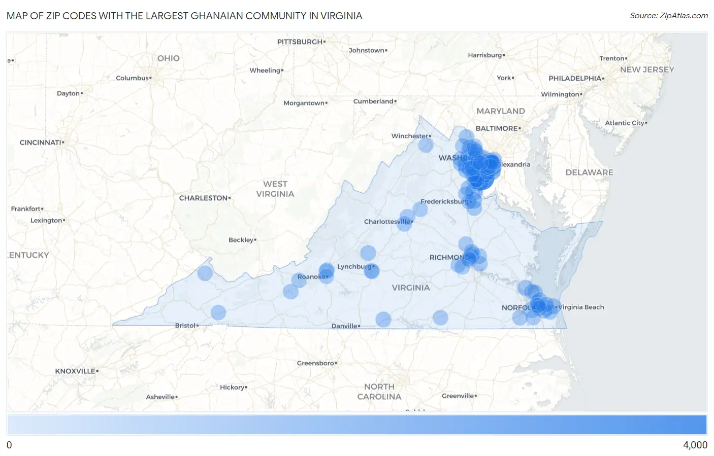 Zip Codes with the Largest Ghanaian Community in Virginia Map