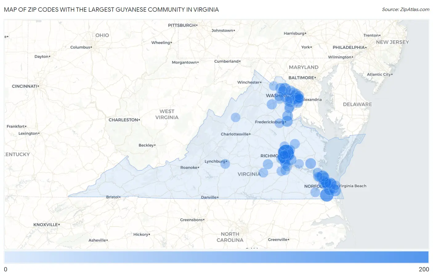 Zip Codes with the Largest Guyanese Community in Virginia Map