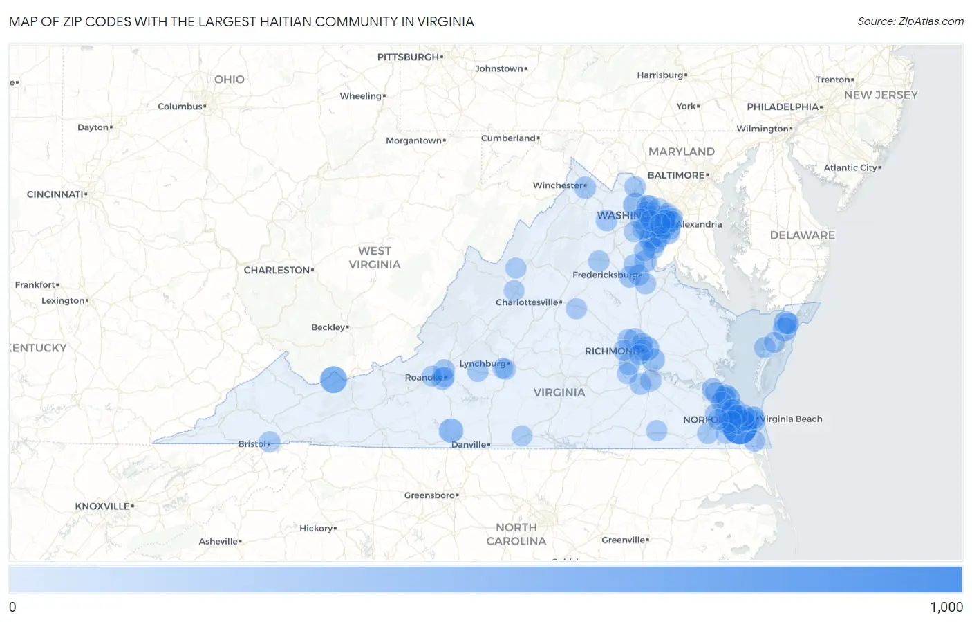 Zip Codes with the Largest Haitian Community in Virginia Map