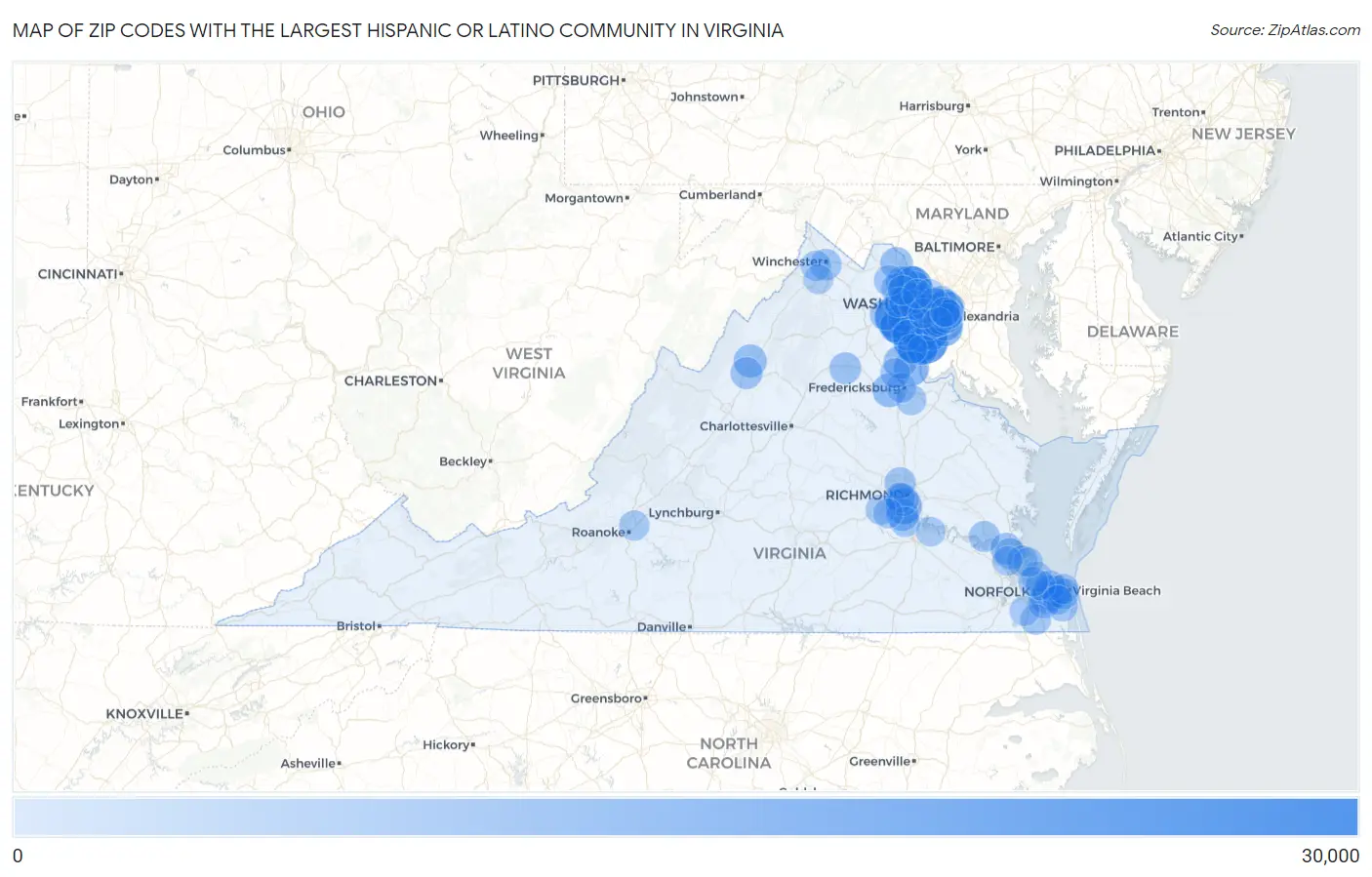 Zip Codes with the Largest Hispanic or Latino Community in Virginia Map