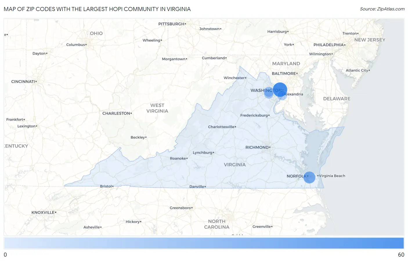 Zip Codes with the Largest Hopi Community in Virginia Map