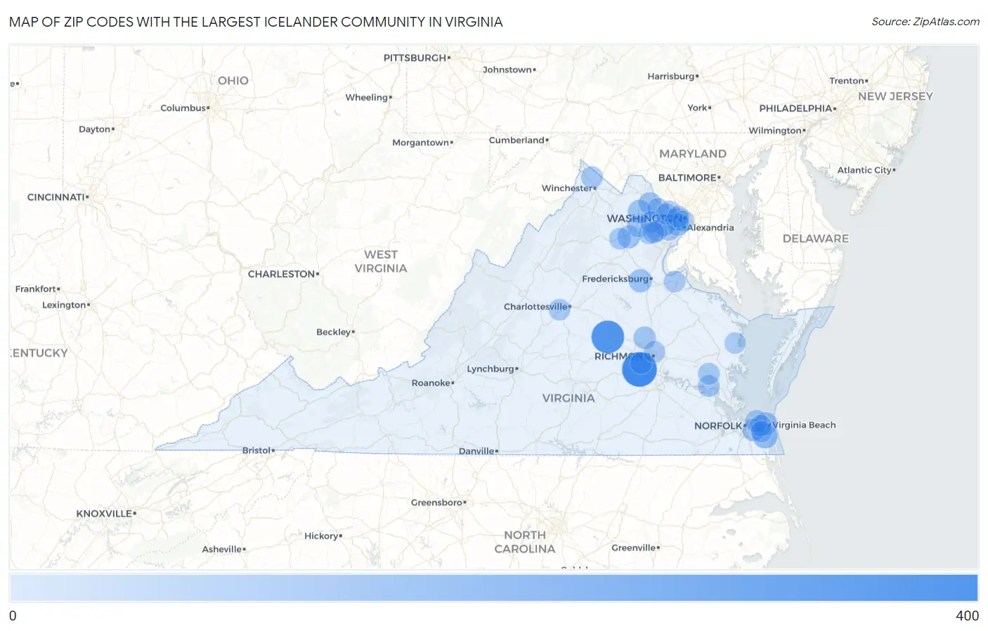 Zip Codes with the Largest Icelander Community in Virginia Map