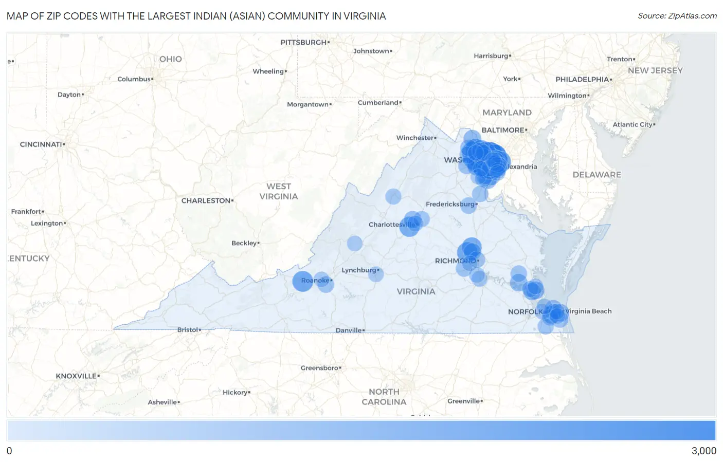 Zip Codes with the Largest Indian (Asian) Community in Virginia Map