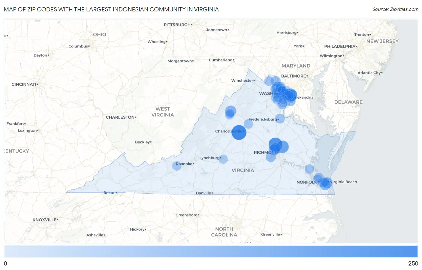 Zip Codes with the Largest Indonesian Community in Virginia Map