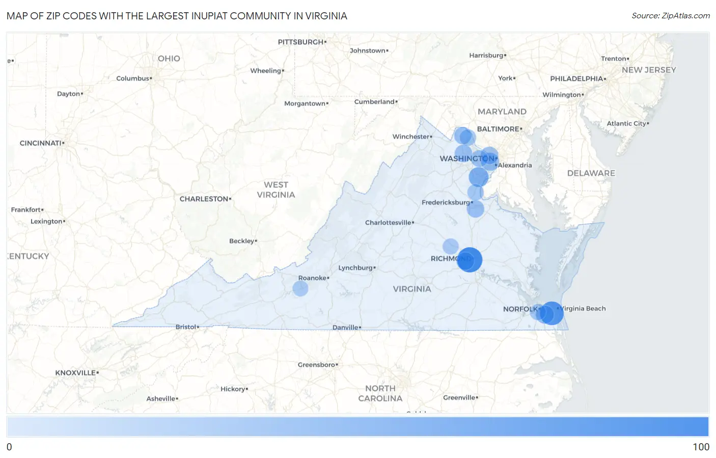Zip Codes with the Largest Inupiat Community in Virginia Map