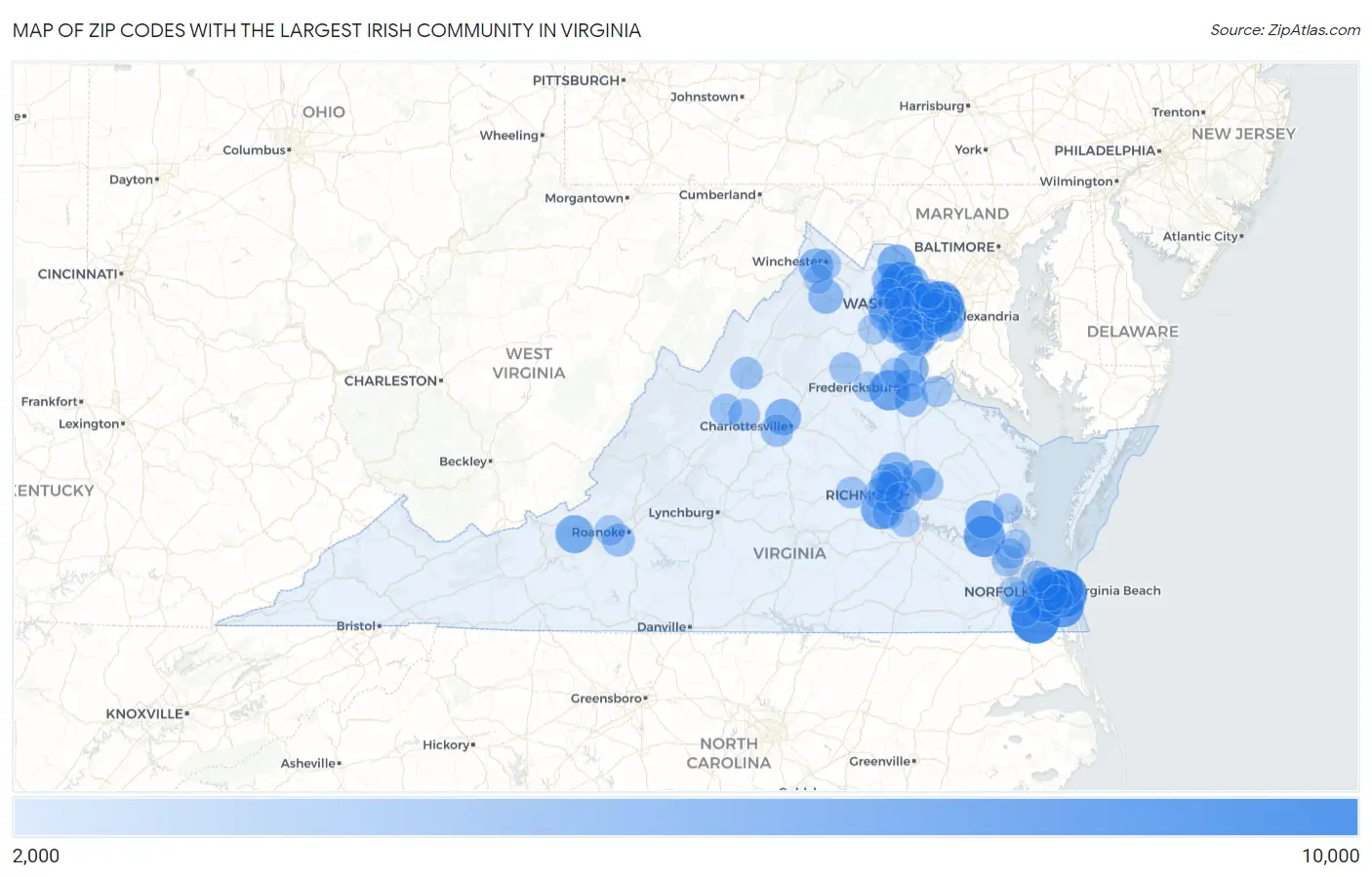 Zip Codes with the Largest Irish Community in Virginia Map