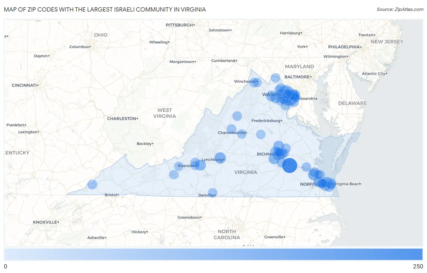 Zip Codes with the Largest Israeli Community in Virginia Map