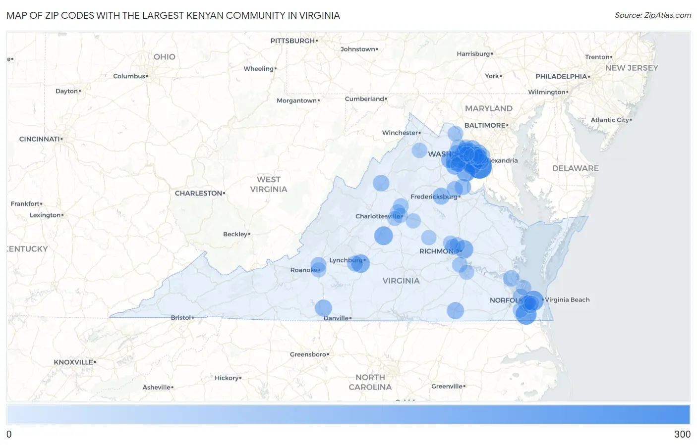 Zip Codes with the Largest Kenyan Community in Virginia Map