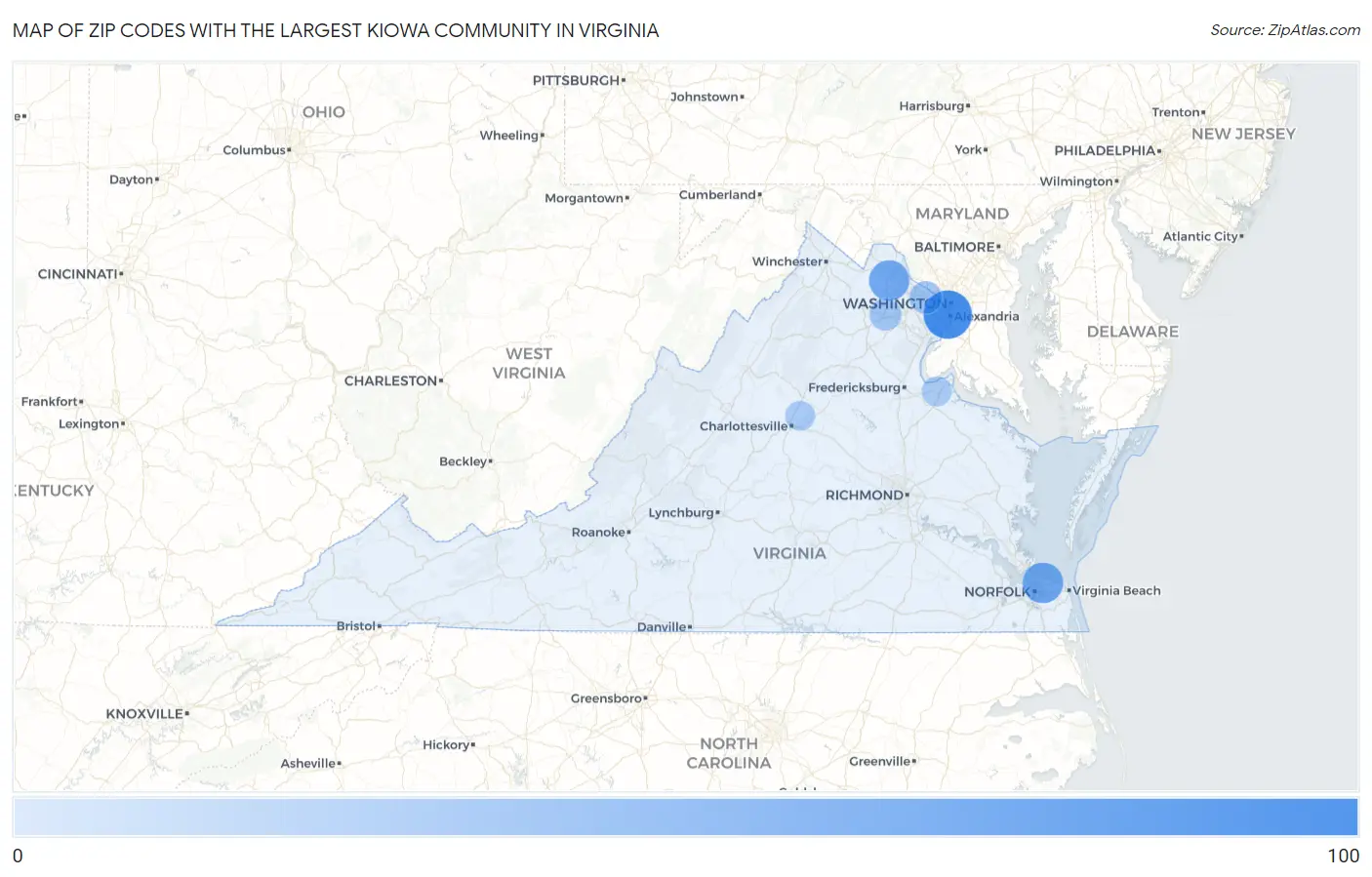 Zip Codes with the Largest Kiowa Community in Virginia Map