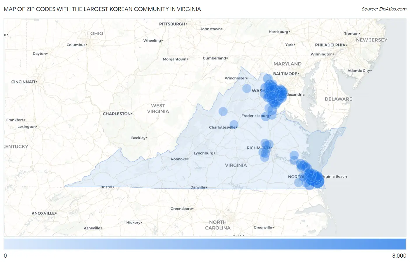 Zip Codes with the Largest Korean Community in Virginia Map