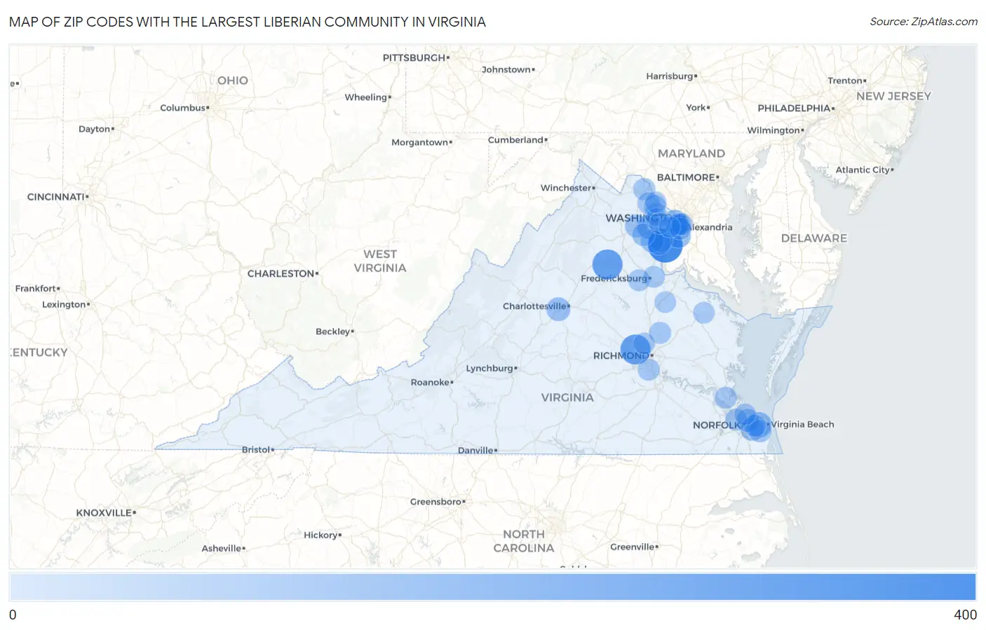 Zip Codes with the Largest Liberian Community in Virginia Map
