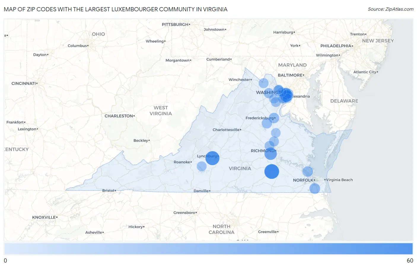 Zip Codes with the Largest Luxembourger Community in Virginia Map