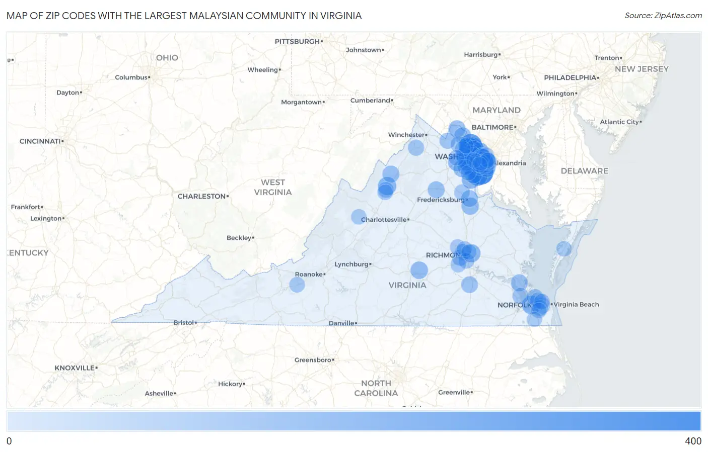 Zip Codes with the Largest Malaysian Community in Virginia Map