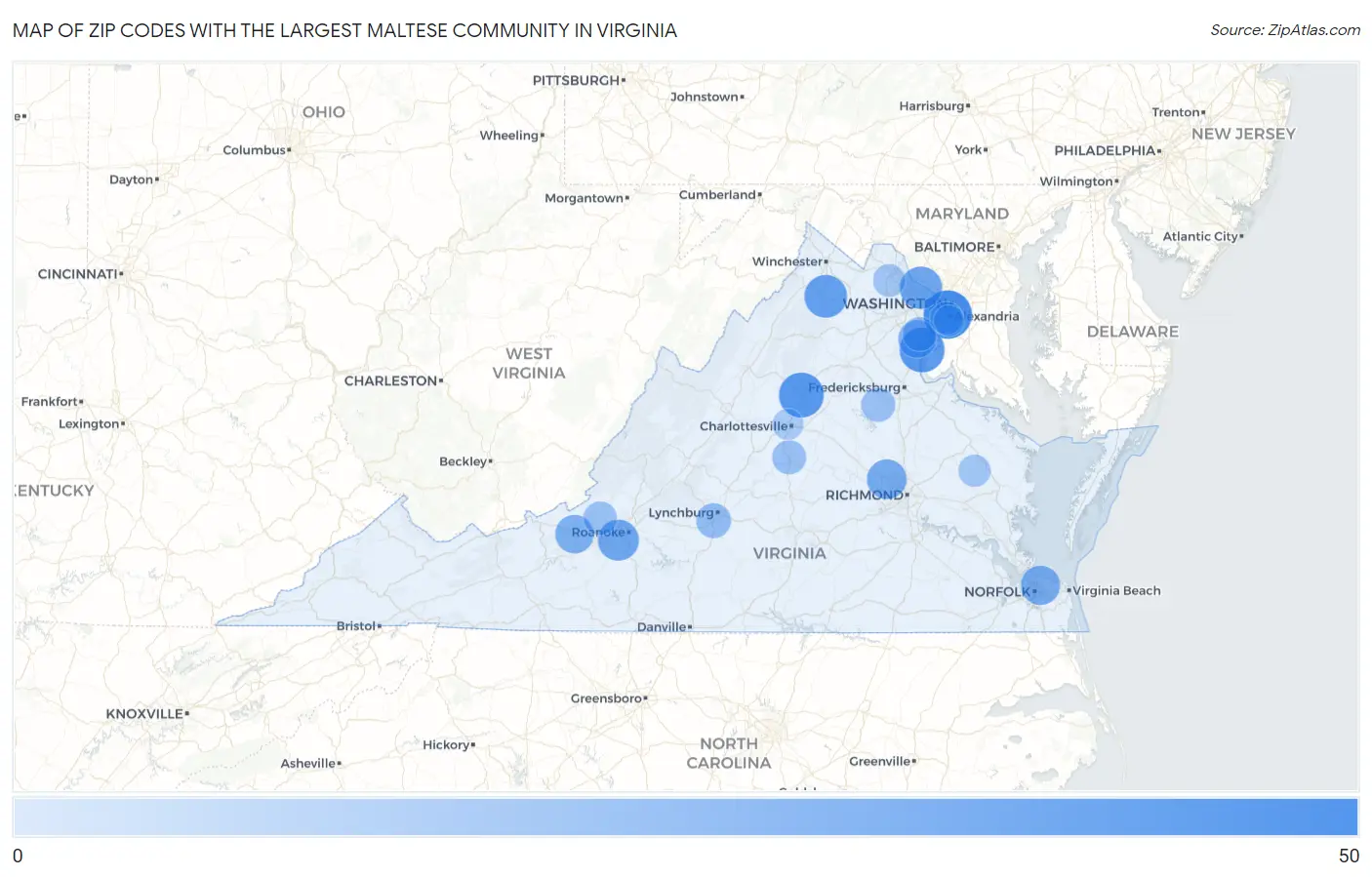 Zip Codes with the Largest Maltese Community in Virginia Map
