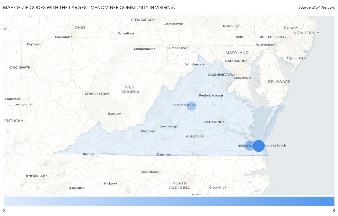 Zip Codes with the Largest Menominee Community in Virginia Map