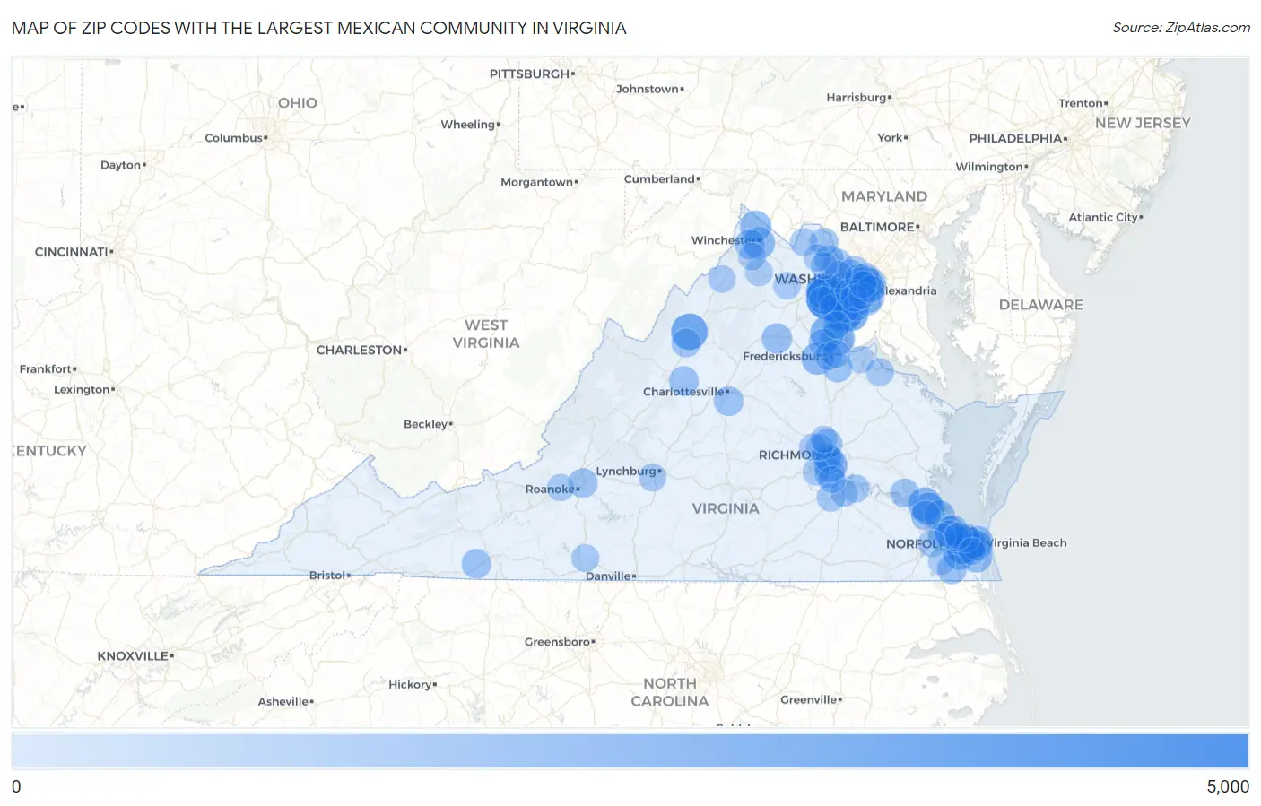 Zip Codes with the Largest Mexican Community in Virginia Map