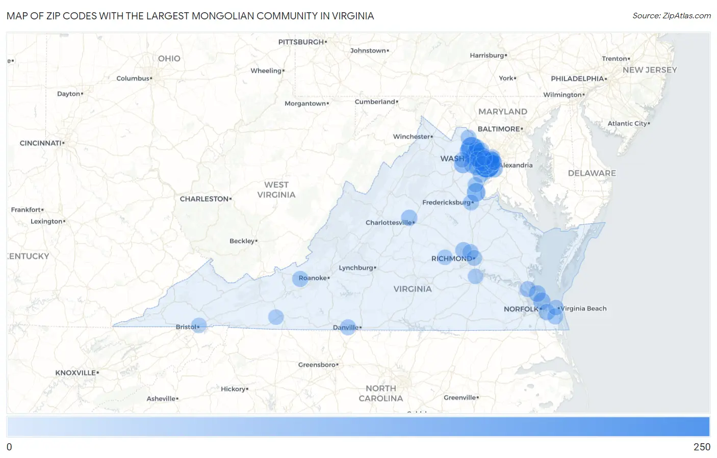 Zip Codes with the Largest Mongolian Community in Virginia Map