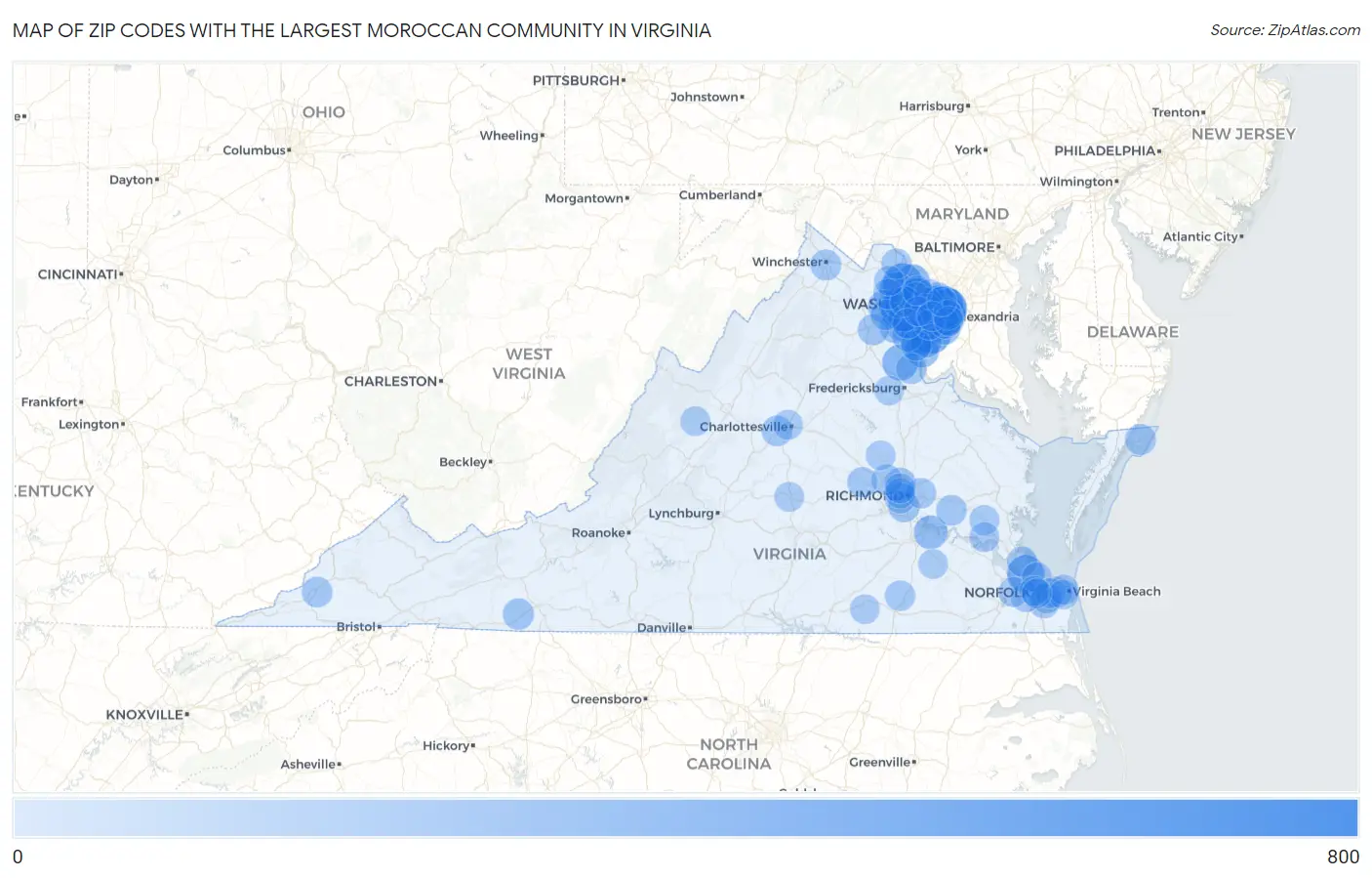 Zip Codes with the Largest Moroccan Community in Virginia Map