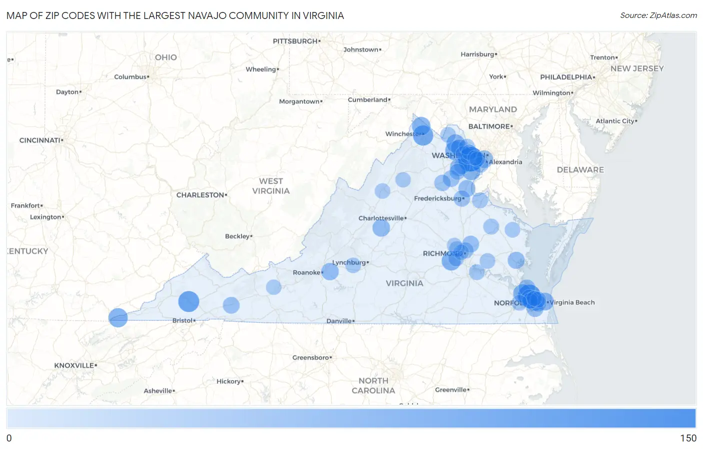 Zip Codes with the Largest Navajo Community in Virginia Map