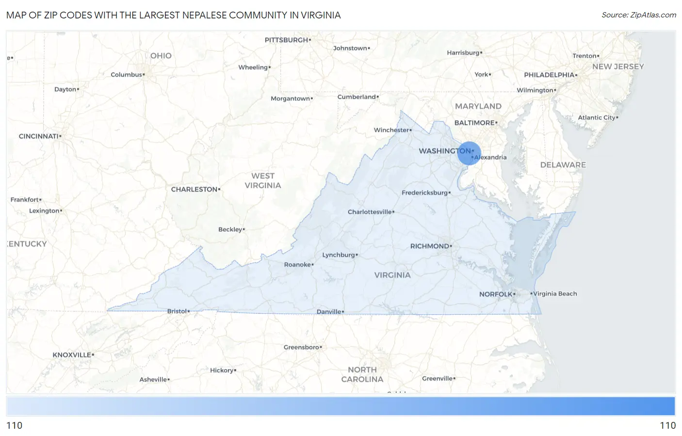Zip Codes with the Largest Nepalese Community in Virginia Map