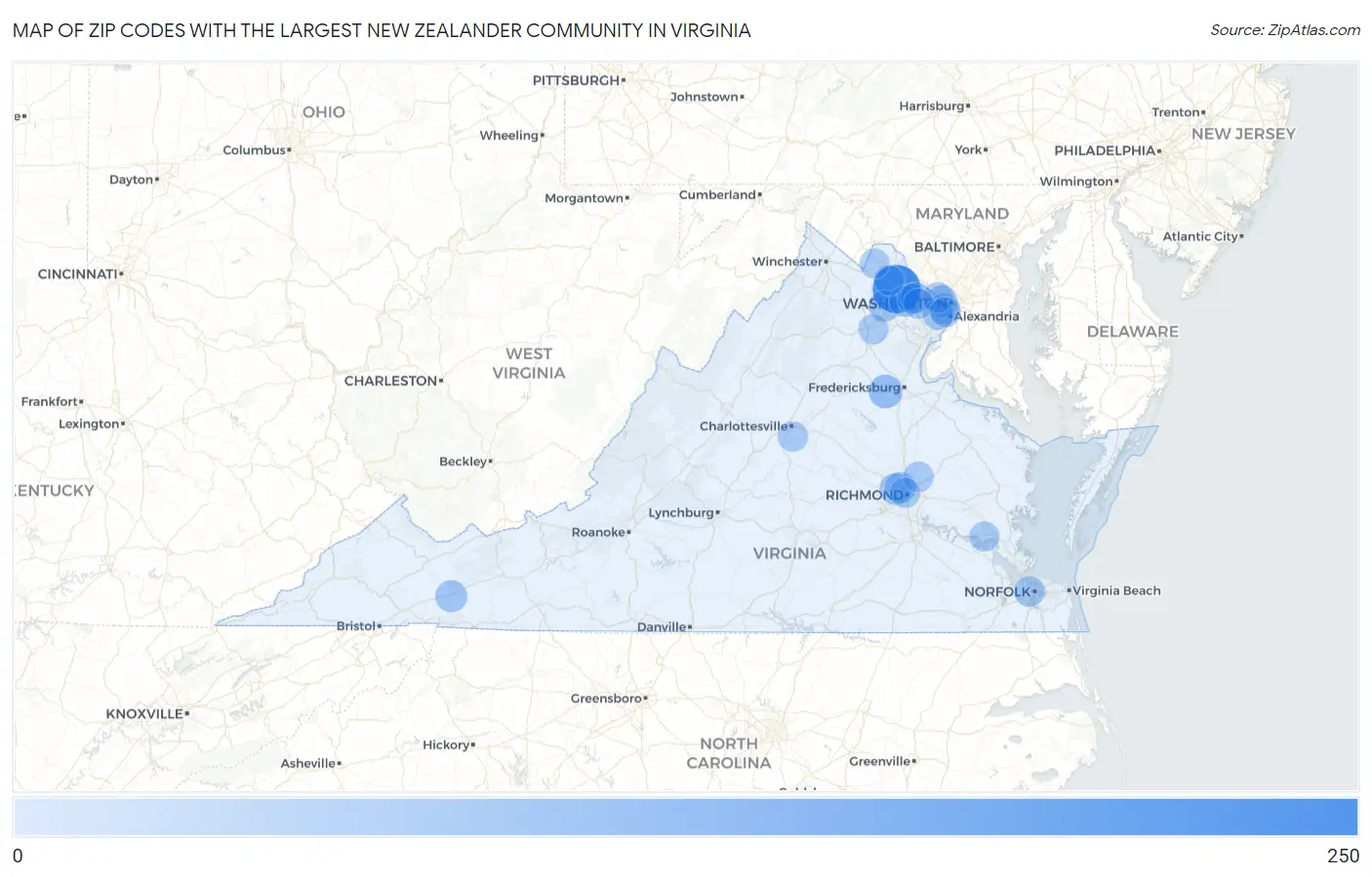 Zip Codes with the Largest New Zealander Community in Virginia Map
