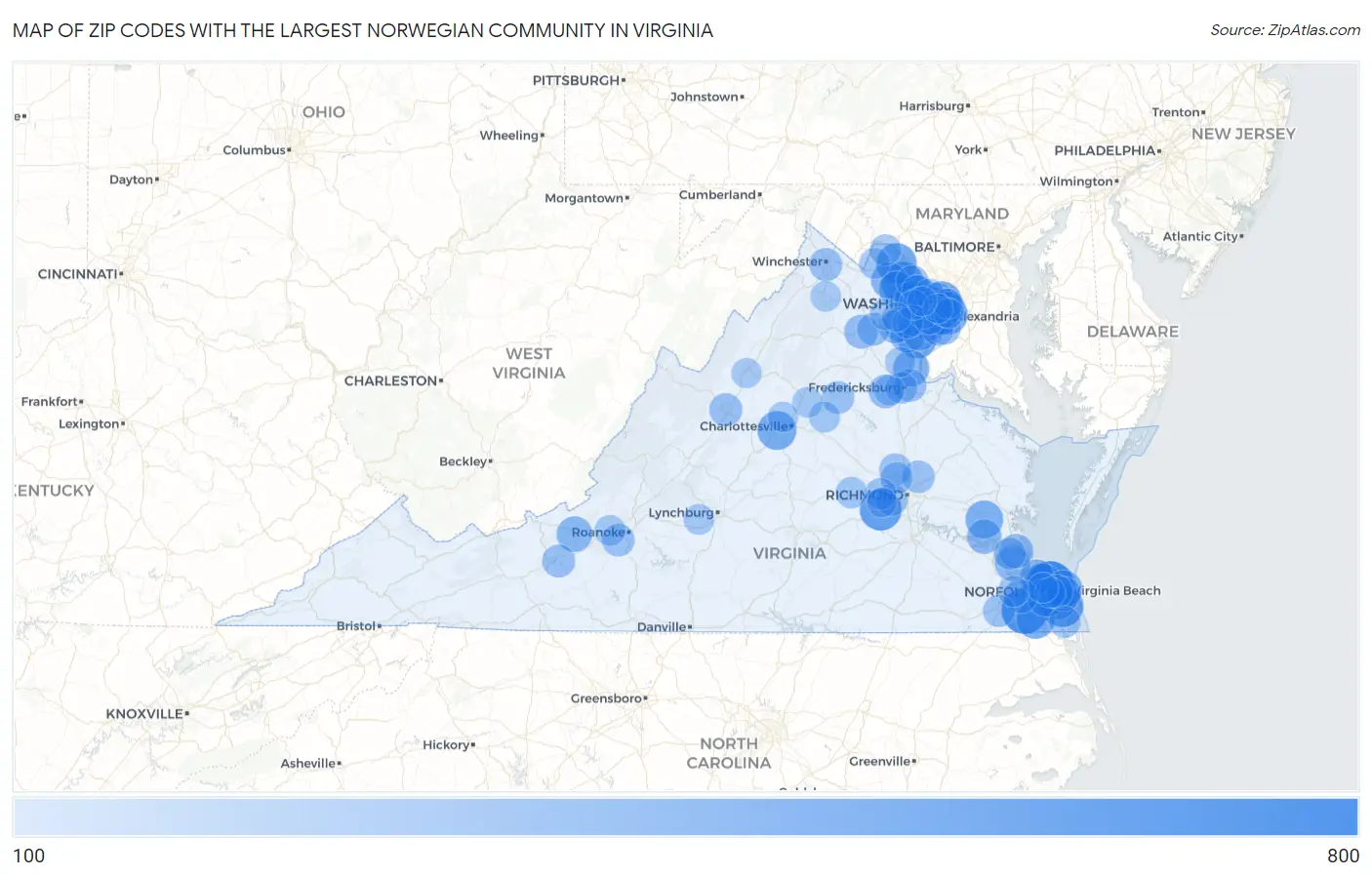 Zip Codes with the Largest Norwegian Community in Virginia Map