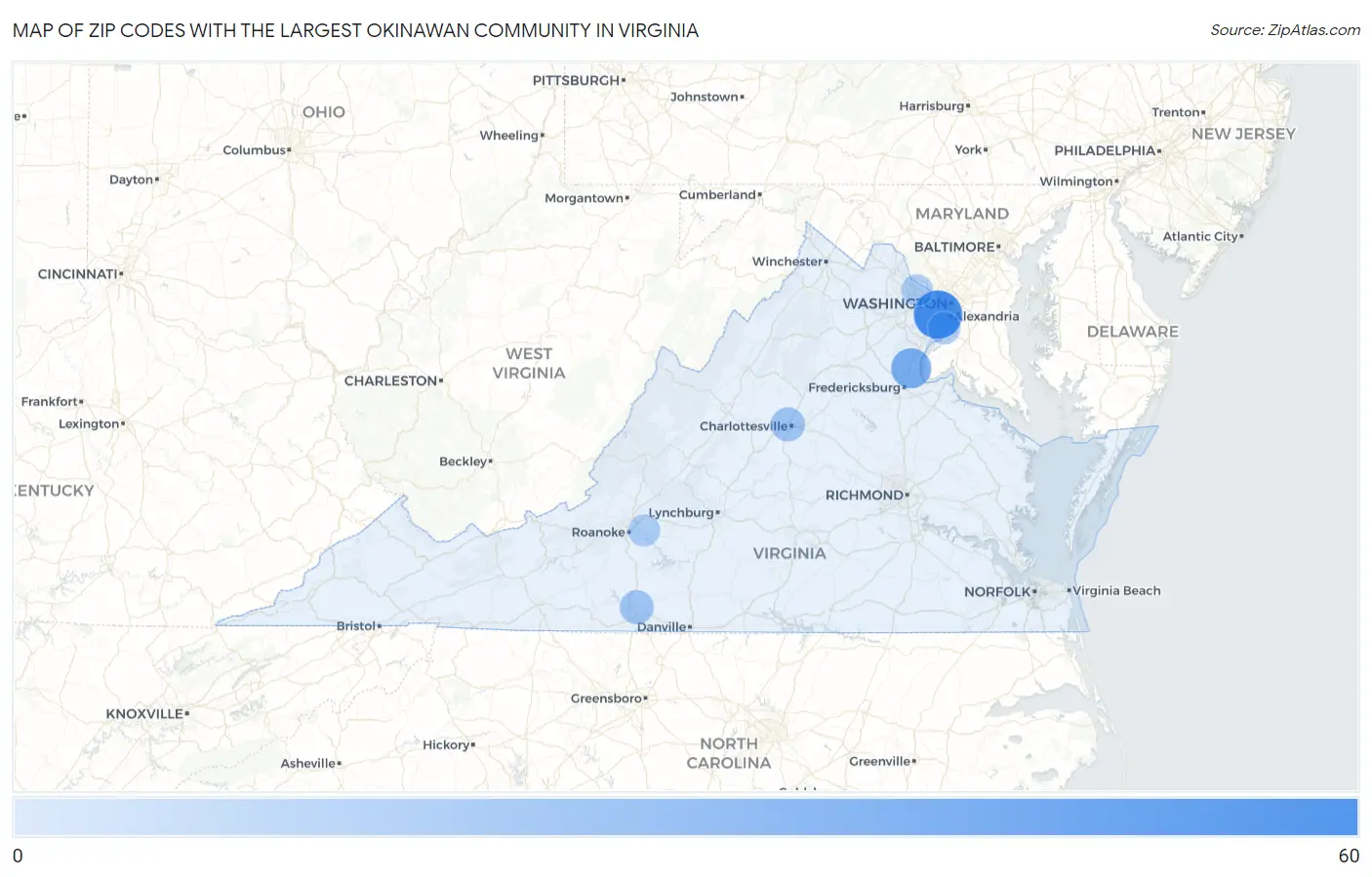 Zip Codes with the Largest Okinawan Community in Virginia Map